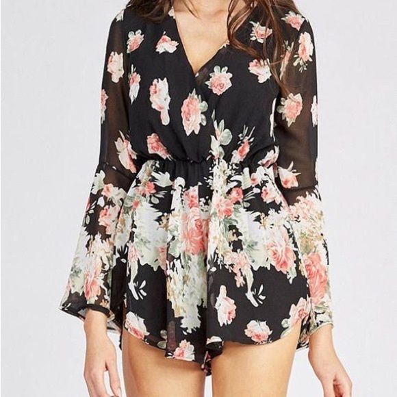 Choies Pants - Floral Print Deep V-Neck Romper